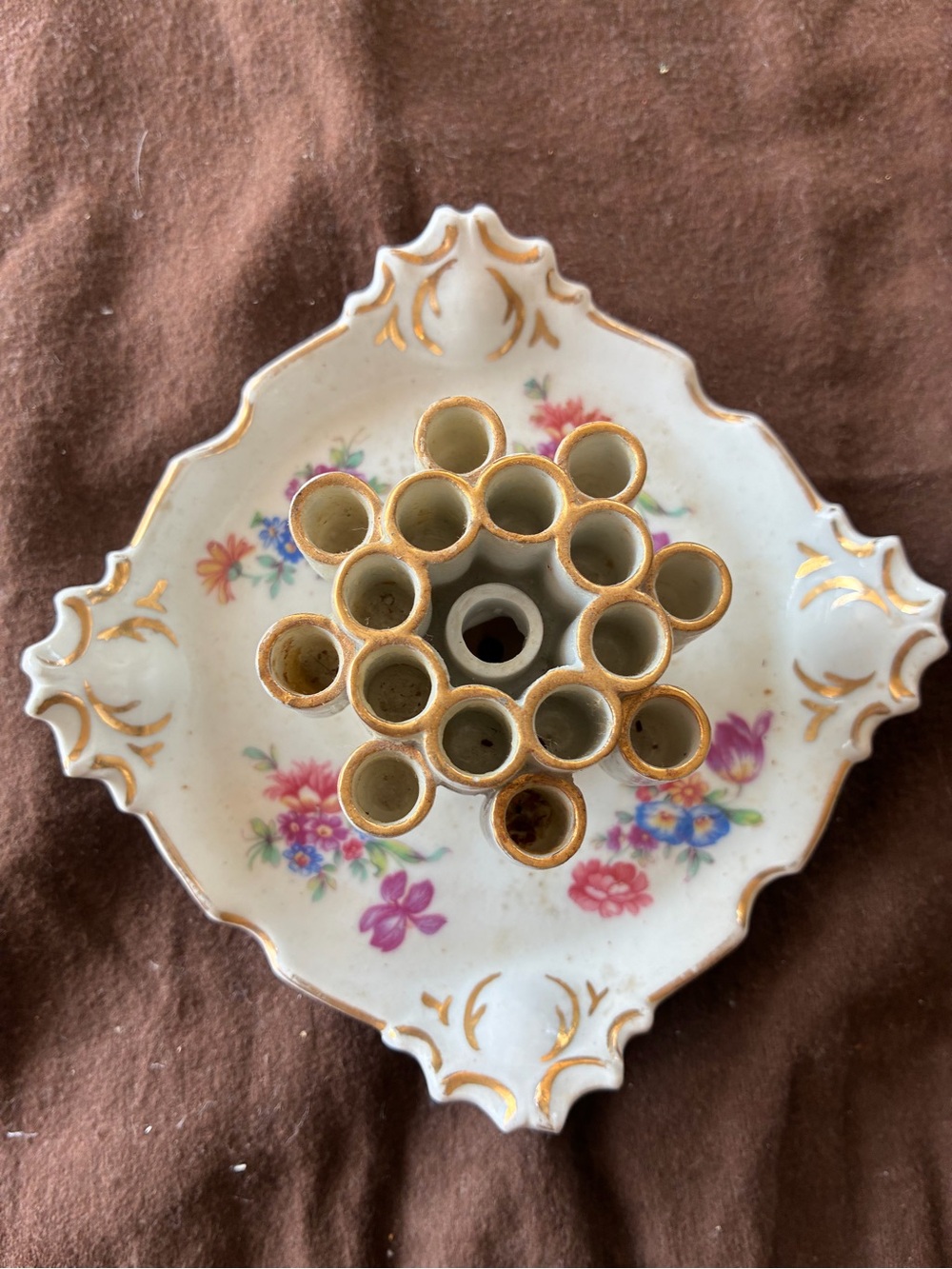 Vintage Floral Porcelain Flower Frog Holder White and Gold or ashtray